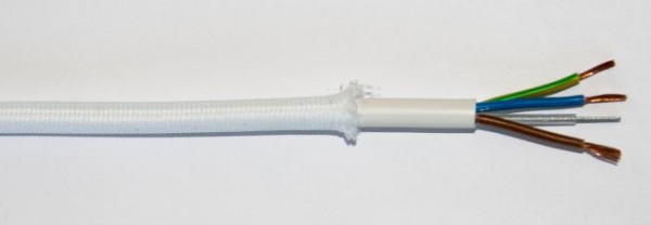 Textilumflochtene PVC-Schlauchltg. mit Stahlseil zur Zugentlastung 3G0,75 weiß