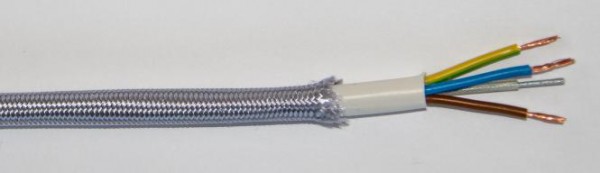 Textilumflochtene PVC-Schlauchltg. mit Stahlseil zur Zugentlastung 3G0,75 silber